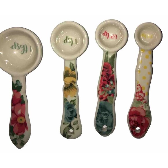 Pioneer Woman Vintage Floral Ceramic Measuring Spoons 4 Piece White Utensils - Picture 4 of 4